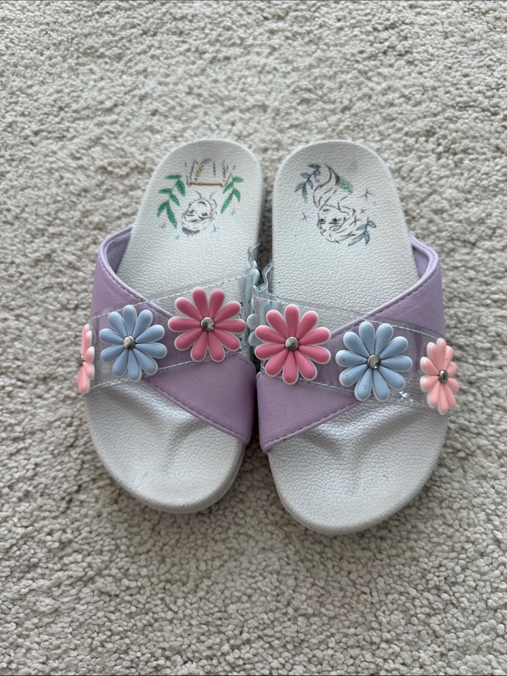 Disney Lavender Kids Slide Sandals with Pink & Light Blue Flower Accents 11/12